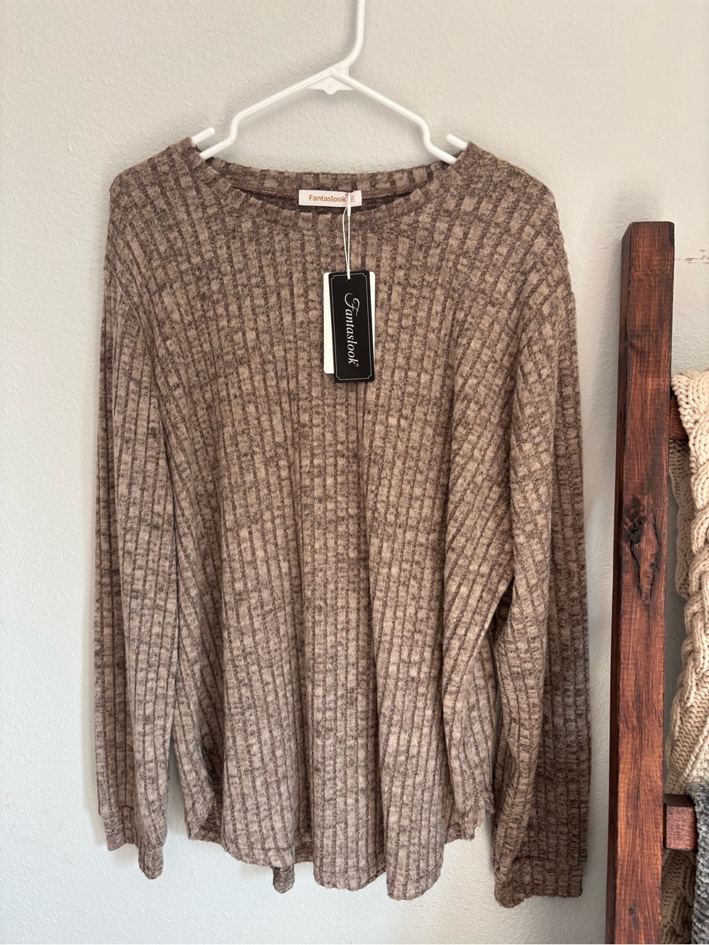 Fantaslook Women's Sz 2XL taupe Cozy Rib-Knit long sleeve Pullover Sweater NWT